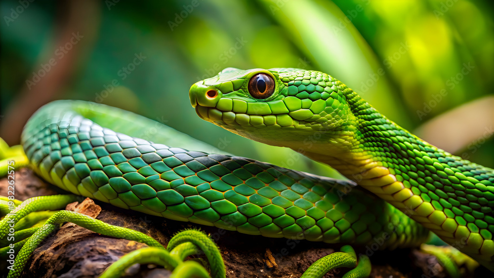 Closeup of a green snake in its natural wild habitat, snake, reptile, wildlife, nature, scales, camouflage, slither, hiss, predator Closeup of a green snake in its natural wild habitat, snake, reptile, wildlife, nature, scales, camouflage, slither, hiss, predator