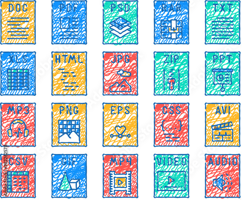 file format document doodle icons set vector. sketch line art presentation web, pdf label, png video, type jpg, computer doc, html file format document color illustrations