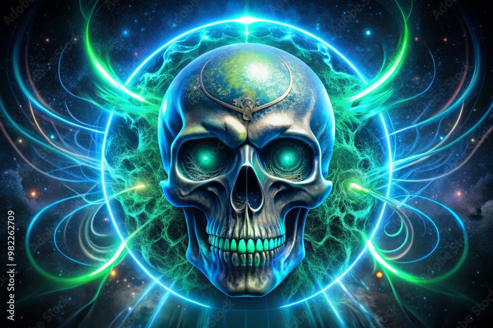 Electric Skull with glowing eyes and vibrant blue and green stripes, surrounded by crescent moon phases, sparks, and crescent-shaped highlights, amidst a dark background Electric Skull with glowing eyes and vibrant blue and green stripes, surrounded by crescent moon phases, sparks, and crescent-shaped highlights, amidst a dark background