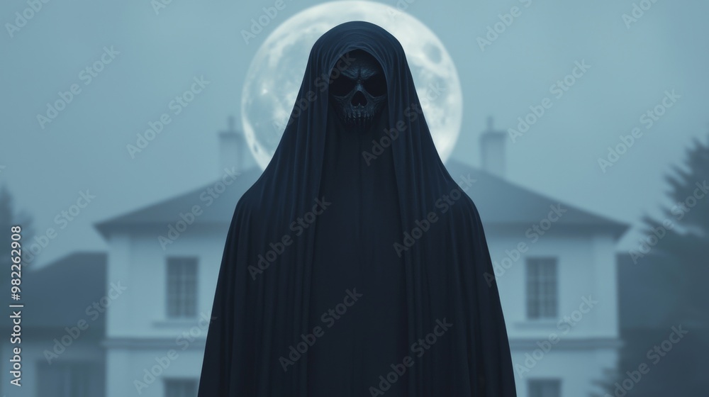 Mysterious Figure in Cloak Against Full Moon
