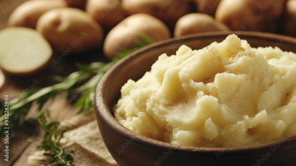 Bowl of creamy mashed potatoes with herbs on rustic wooden table Bowl of creamy mashed potatoes with herbs on rustic wooden table
