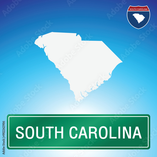 A simple road sign for South Carolina with a map of the state in the background. The sign is green with white lettering, and the map is white with a blue gradient background.