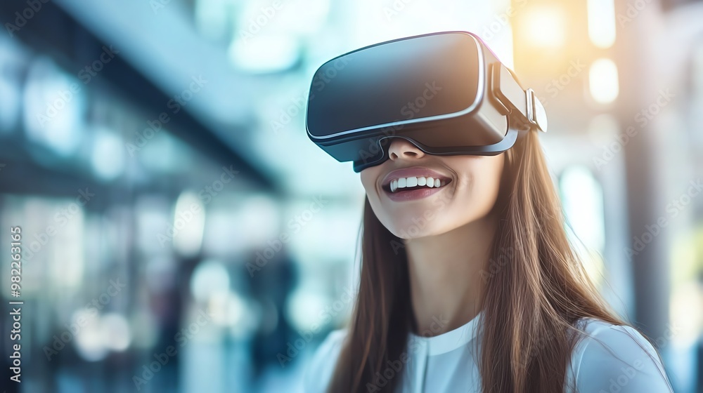 Smiling woman wearing virtual reality headset, immersed in technology, showcasing innovative digital experiences and modern lifestyle. Smiling woman wearing virtual reality headset, immersed in technology, showcasing innovative digital experiences and modern lifestyle.