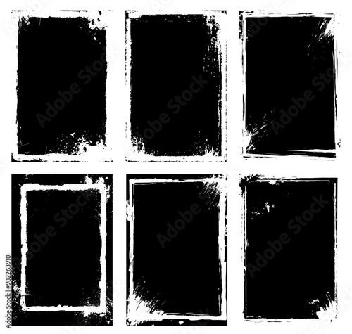 6 grunge distressed overlay black rectangular frames with white edges, vector illustration.