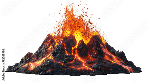 Erupting volcano lava flows isolated on transparent background