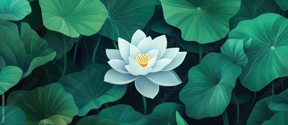 Fototapeta premium Lotus Flower Surrounded By Green Leaves For Meditation And Enlightenment
