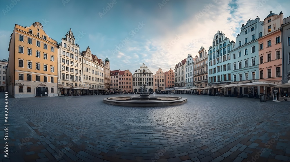 Naklejka premium Stunning panoramic view of a historic European square with colorful buildings and a central fountain under a cloudy sky.
