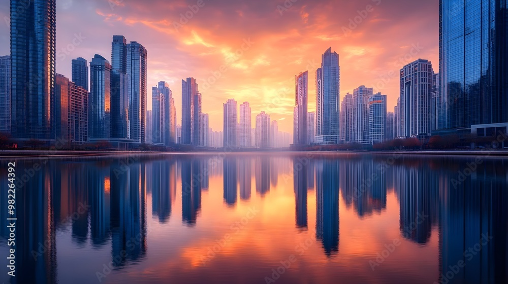 Obraz premium Stunning skyline during sunset, reflecting on calm water. A beautiful cityscape showcasing modern architecture and vibrant colors.
