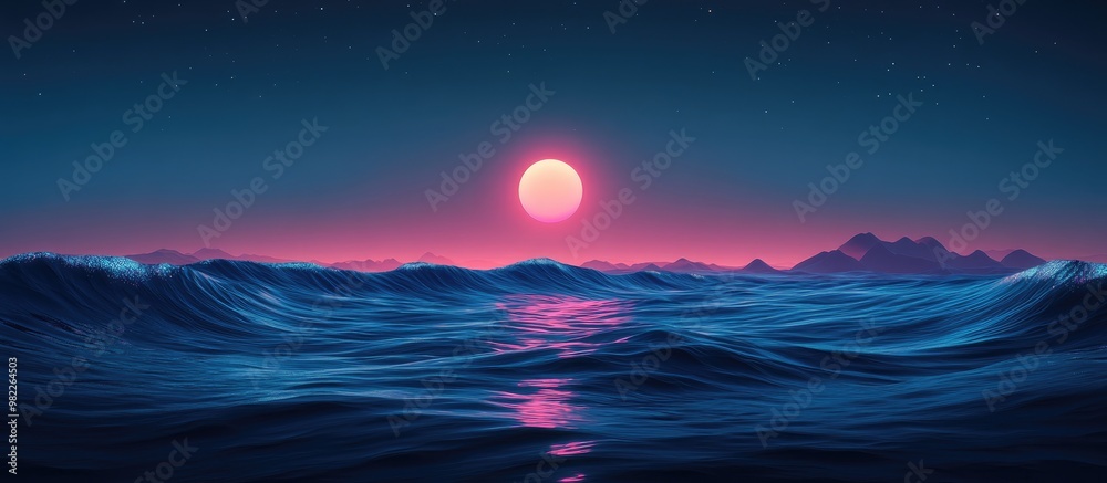 Fototapeta premium Stunning Night Landscape Surreal Fantasy Art Full Moon Illuminating Ocean And Sky Bioluminescent Plankton Lighting Up Waves Digital 3D Illustration
