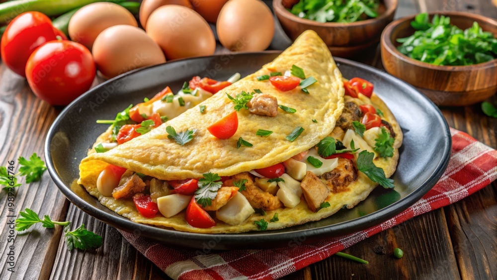 A mouthwatering omelet features juicy chicken, colorful vegetables, and fluffy egg whites, gently folded together with A mouthwatering omelet features juicy chicken, colorful vegetables, and fluffy egg whites, gently folded together with