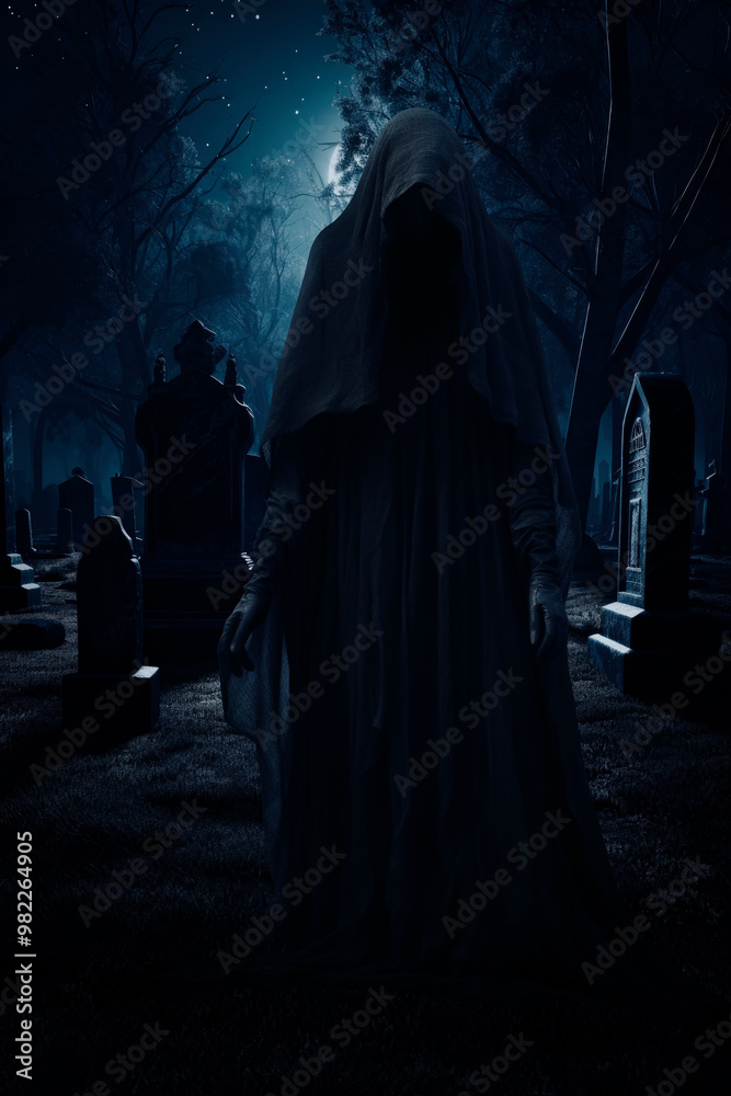 Mysterious woman in black hooded cloak standing in graveyard with tombstones at night, Halloween mystery concept Mysterious woman in black hooded cloak standing in graveyard with tombstones at night, Halloween mystery concept