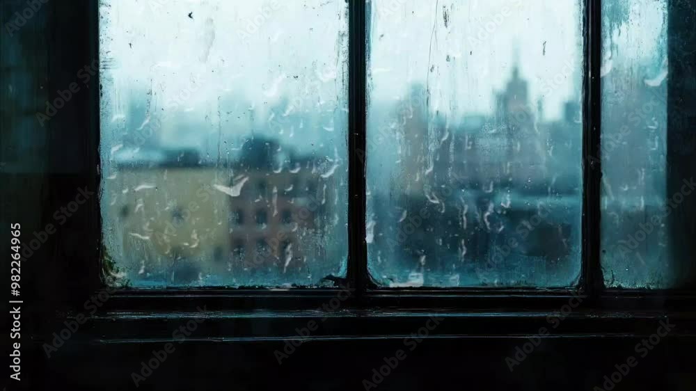 Rainy window view of a blurred cityscape in soft blue tones. Seamless looping 4k time-lapse video background

