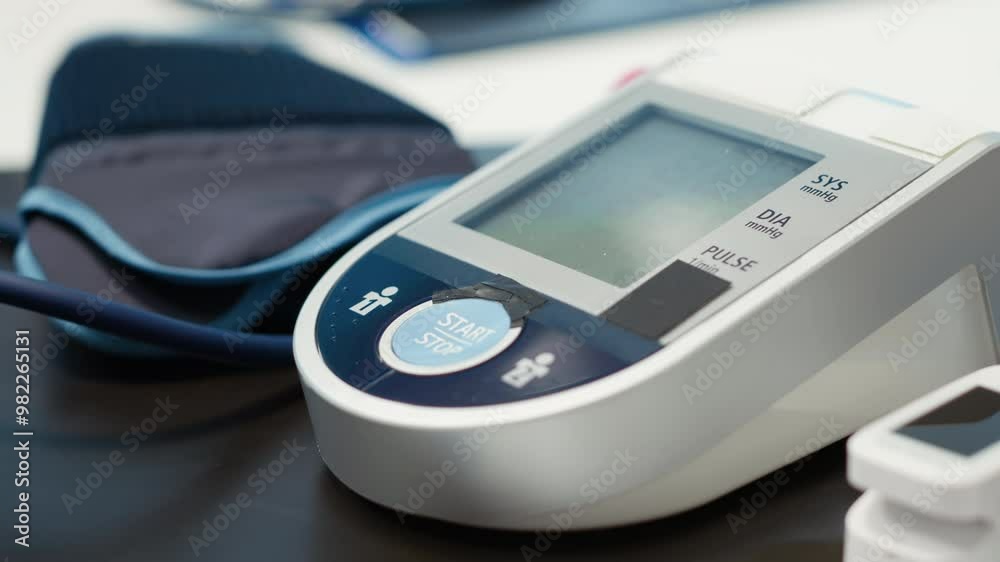 Empty medical office equipped with diagnostic tools and blood pressure monitor set for healthcare consultations and medical research to provide accurate diagnosis and patient care. Close up.