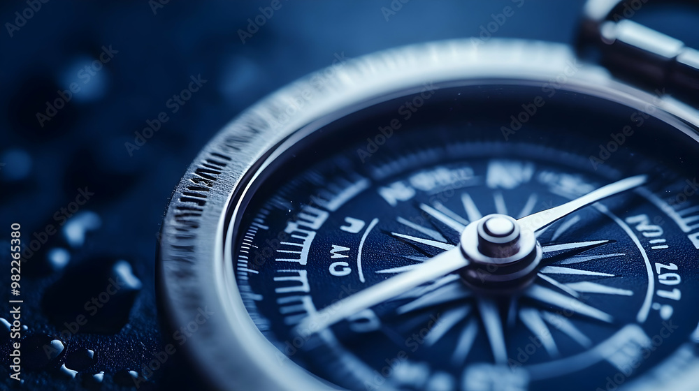 Fototapeta premium A Close-Up View of a Compass with a Blue Dial, Featuring a Silver Needle Pointing North, Surrounded by Water Droplets