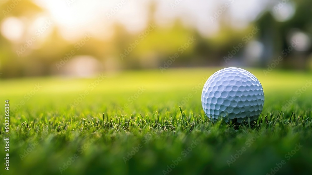 Obraz premium Golf ball lies on green grass with sunshine in background