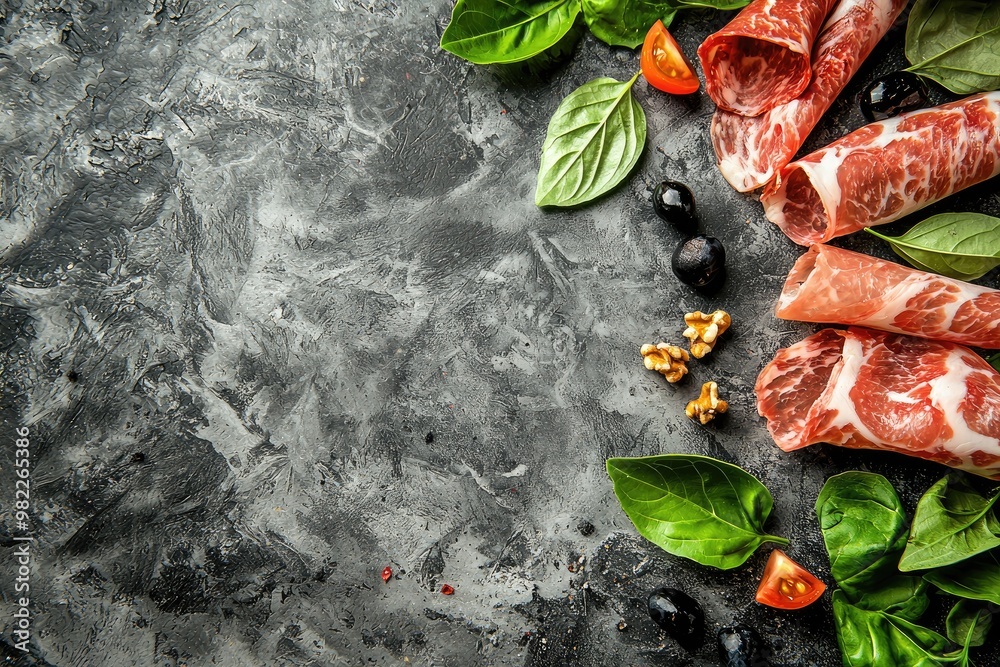 A vibrant display of meat, olives, and fresh basil on a textured countertop, perfect for culinary inspiration and food styling. A vibrant display of meat, olives, and fresh basil on a textured countertop, perfect for culinary inspiration and food styling.