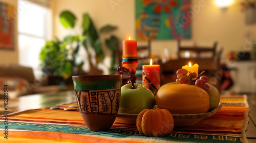 a Kwanzaa table featuring the unity cup Kinara and harvest symbols