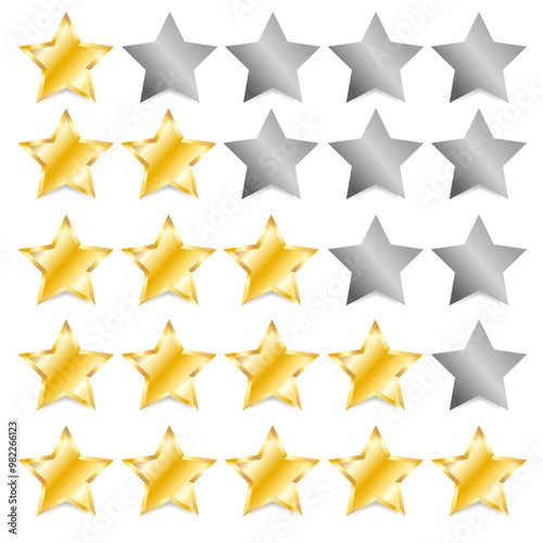 A set of realistic gold stars, rated from 1 to 5 stars. Vector illustration. Layered layout for animation