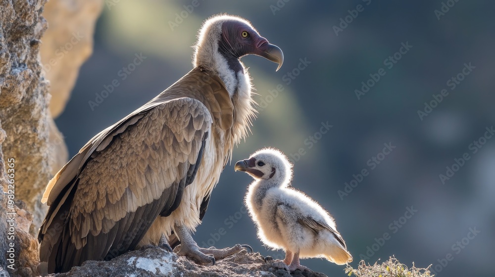 Curious Baby Vulture Safely Perched Near Parent on Mountain Cliff Under Bright Midday Sun Curious Baby Vulture Safely Perched Near Parent on Mountain Cliff Under Bright Midday Sun