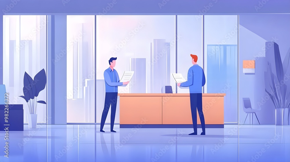 Obraz premium Two professionals engaged in discussion in a modern office with a city view, conveying teamwork and collaboration.