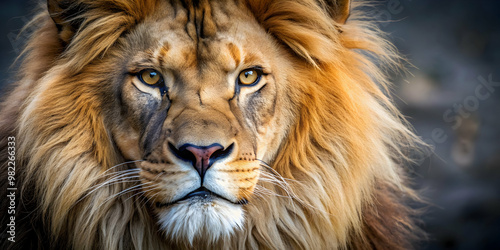 Close up of a fierce lion showing its magnificent mane and piercing eyes, lion, animal, wildlife, predator, close up