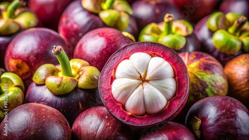 A ripe mangosteen fruit opens to reveal soft white segments and a sweet pulpy interior surrounded by a vibrant purple rind.