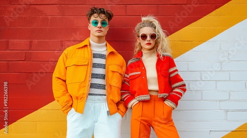 Wallpaper Mural Retro Cool: A stylish young couple in vibrant 70s-inspired fashion leans against a colorful brick wall, exuding vintage charm with their bold sunglasses and confident poses.  Torontodigital.ca