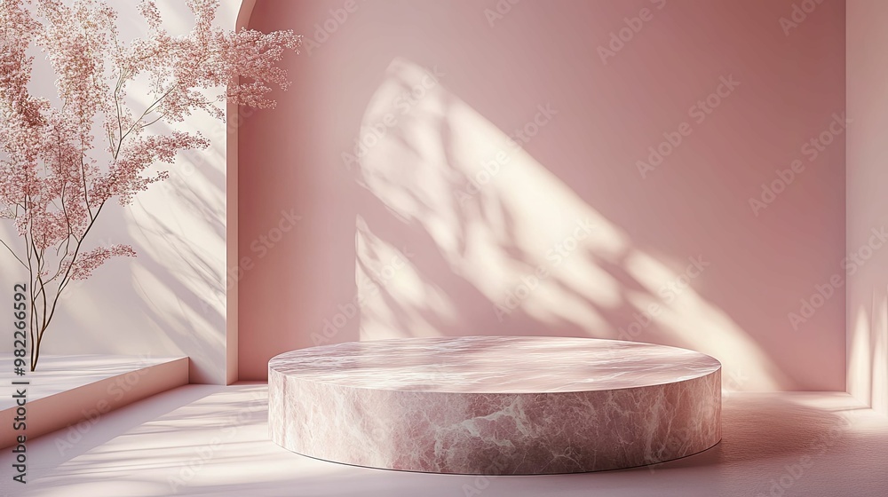 Pink Marble Podium with Light and Branch Shadow Pink Marble Podium with Light and Branch Shadow