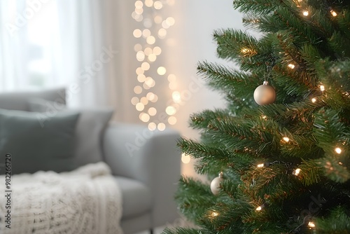 Modern interior design with Christmas tree and sofa. Scandinavian style. Christmas and New Year celebration. Cozy living room. Winter holiday. Banner with copy space