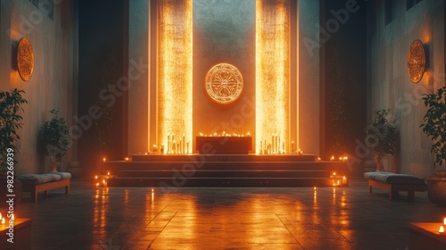 in a radiant modern space, a cryptic altar is the focal point, lit with candles and enigmatic symbols, evoking a mystical ambiance ideal for concept banners photo