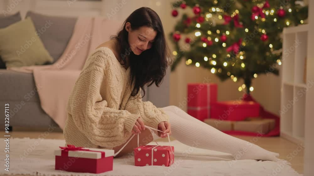 Woman Unwrapping Gift by Christmas Tree in Cozy Living Room