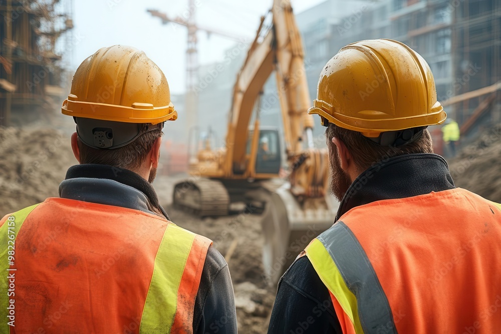 Two construction workers observe machinery at a building site, highlighting teamwork and safety in urban development. Two construction workers observe machinery at a building site, highlighting teamwork and safety in urban development.