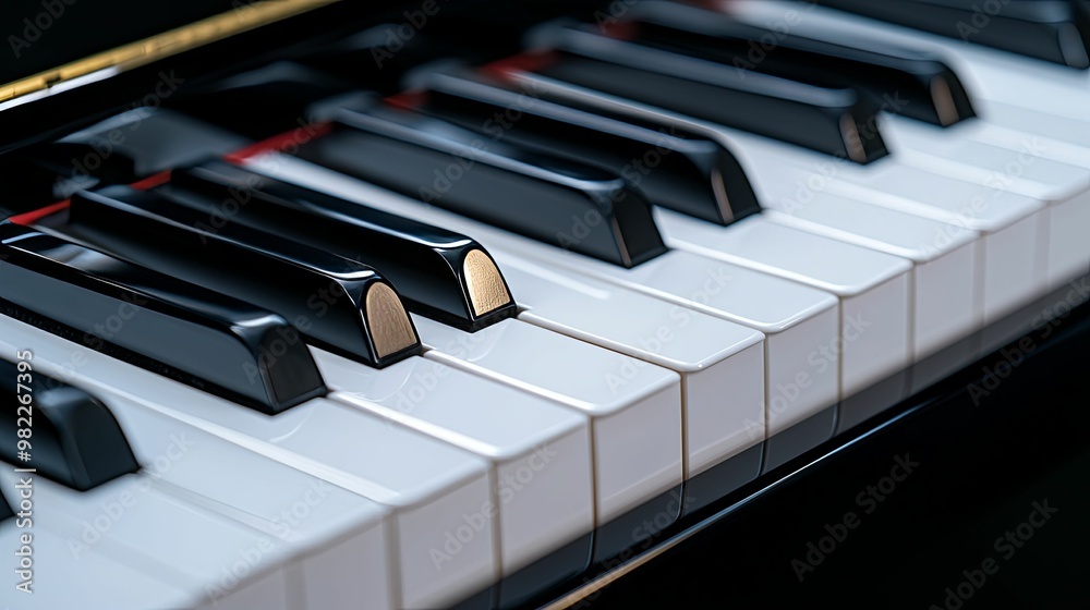 Close-Up of Black and White Piano Keys with Gold Trim Close-Up of Black and White Piano Keys with Gold Trim