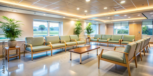 Relaxing hospital waiting room with soft lighting and comfortable seating, calm, serene, medical, healthcare, waiting