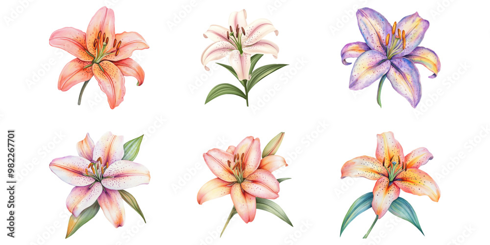 set of beautiful lily flower isolated on a white background set of beautiful lily flower isolated on a white background