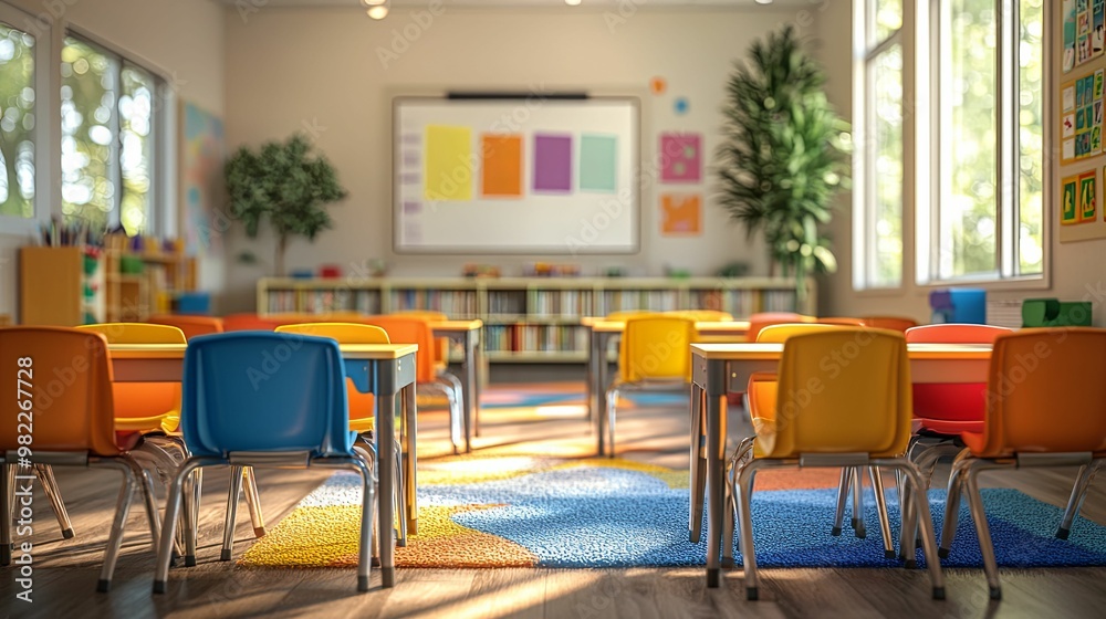 Empty classroom with colorful desks and chairs Empty classroom with colorful desks and chairs