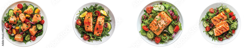 Grilled salmon served with fresh salad on a bright plate Transparent Background. Grilled salmon served with fresh salad on a bright plate Transparent Background.
