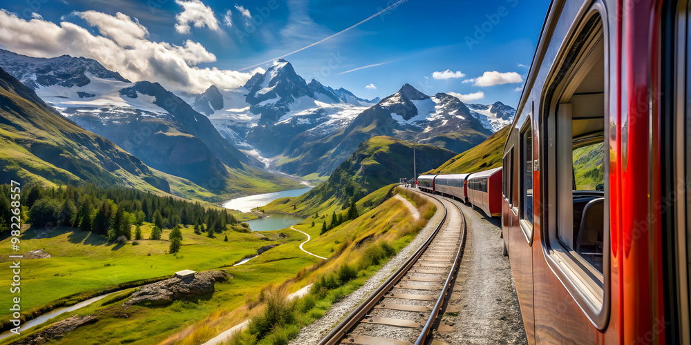 Fototapeta premium Scenic view of the Swiss Alps from the Bernina Express train, Switzerland, Bernina Express, train, mountains, Alps