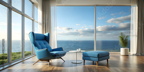 Blue modern armchair and footrest in bright interior with large window and sea view, render, modern, armchair, footrest