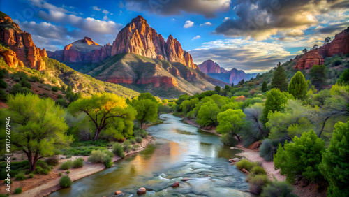 Scenic view of Scoggins Wash below Mount Kinesava in Zion National Park, Zion National Park, Scoggins Wash, Mount Kinesava photo