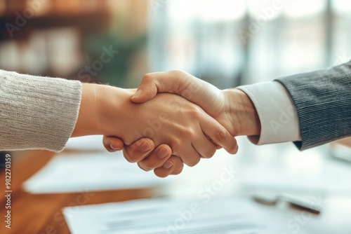 Close up of two business handshake with office background. 