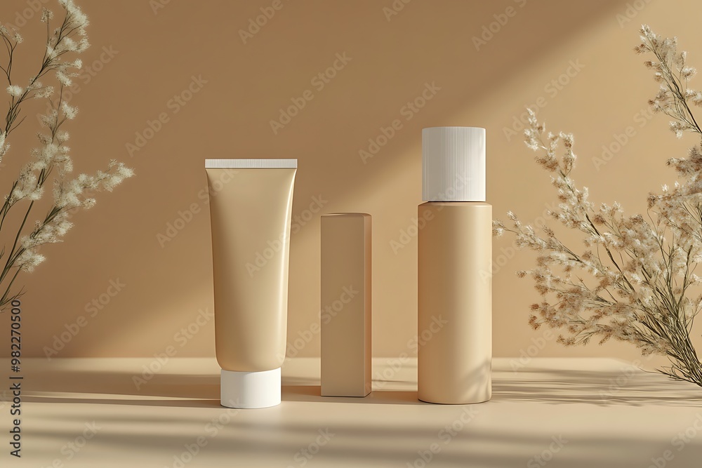 Three beige cosmetic bottles on a light brown table with dried flowers. Three beige cosmetic bottles on a light brown table with dried flowers.