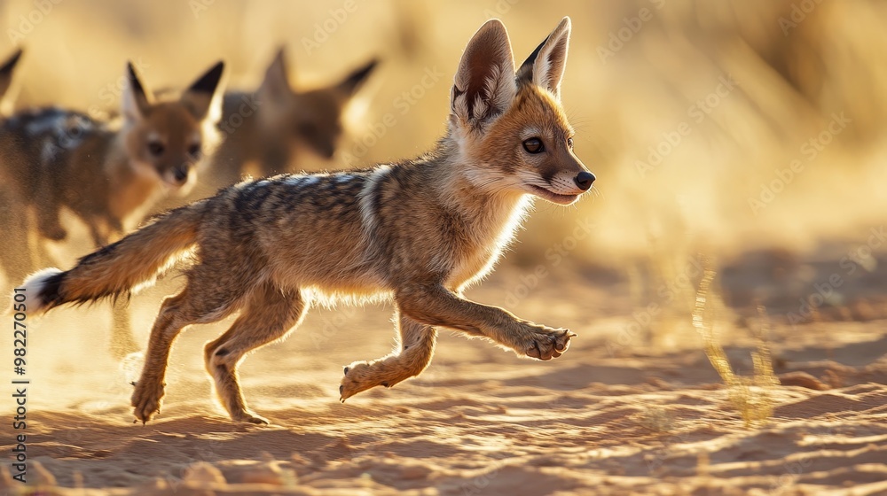 Energetic Baby Jackal Playfully Running in Desert Pack Under Sunlit Sky Energetic Baby Jackal Playfully Running in Desert Pack Under Sunlit Sky