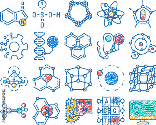 molecule chemistry science doodle icons set vector. sketch line art medical research, atom biology, structure molecular, medicine laboratory, scientific molecule chemistry science color illustrations