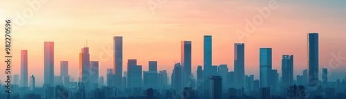 A stunning skyline at sunrise, showcasing modern skyscrapers against a colorful sky, perfect for urban and architectural themes.