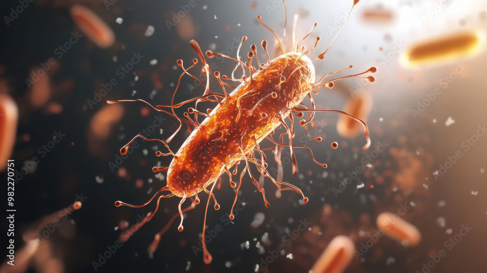 Bacteria swimming through liquid medium, showcasing flagella in motion, creates fascinating view of microscopic life. vibrant colors and dynamic movement evoke curiosity and wonder