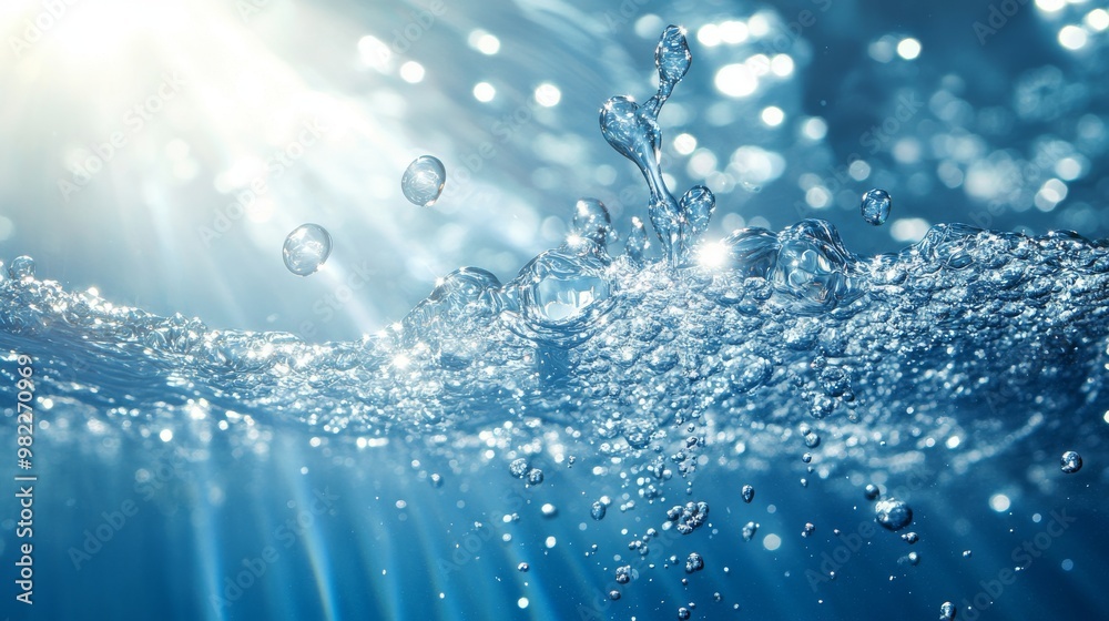 Water Droplets and Bubbles in a Blue Liquid with Sun Rays Water Droplets and Bubbles in a Blue Liquid with Sun Rays