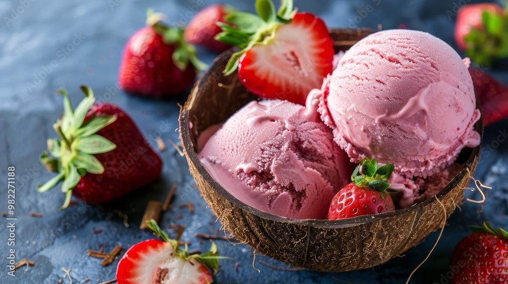 Strawberry Ice Cream in Coconut Bowl with Fresh Strawberries Strawberry Ice Cream in Coconut Bowl with Fresh Strawberries