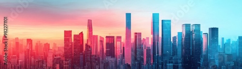 Wallpaper Mural A stunning urban skyline with vibrant colors at sunset, showcasing modern architecture and a captivating city atmosphere. Torontodigital.ca