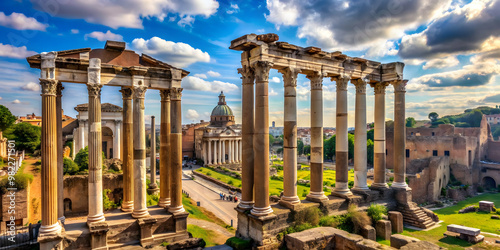Roman ruins in Rome, Italy with ancient pillars and archaeological site, Ancient, Rome, Italy, Ruins